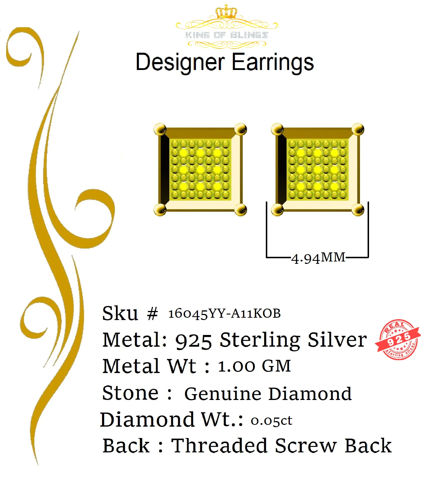 0.05ct Diamond Yellow 925 Sterling Silver Stud Women's / Men's Square Earrings