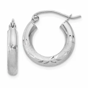 10k White Gold Satin Diamond Cut Round Hoop Earrings