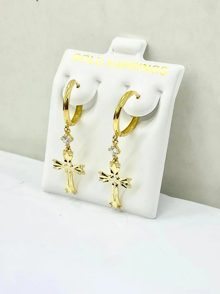 10K Yellow Gold Cross Huggies Hoop Earrings CZ Womens Fancy Jewelry Diamond Cut