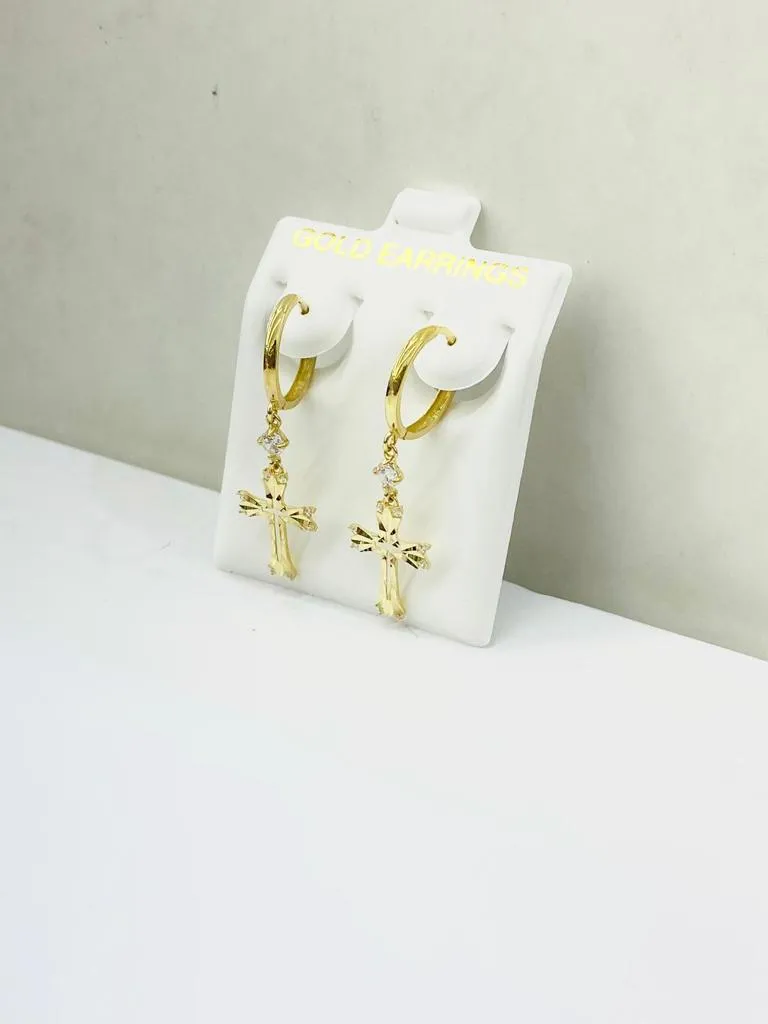 10K Yellow Gold Cross Huggies Hoop Earrings CZ Womens Fancy Jewelry Diamond Cut