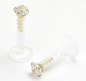 14g 5/16" BioPlast Labret Stud With 14kt Yellow Gold Crystal Prong-Set