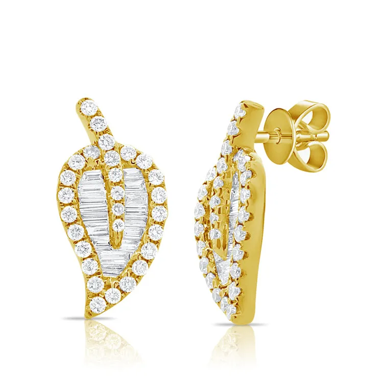 14k Gold & Diamond Baguette Leaf Stud Earrings - 0.43ct