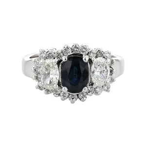 14K Oval Sapphire and Diamond 3-Stone Halo Ring