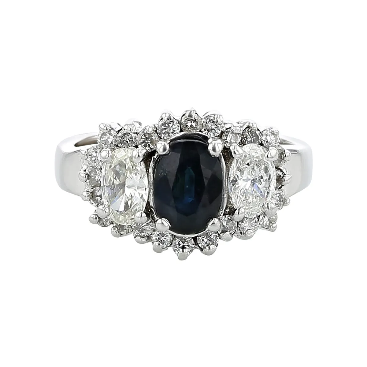 14K Oval Sapphire and Diamond 3-Stone Halo Ring