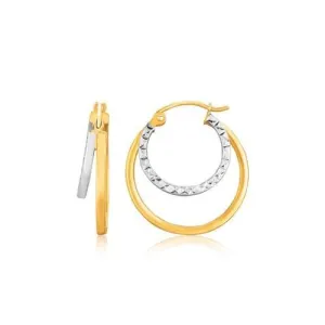 14k Two Tone Gold Double Hoop Hammered Texture Earrings