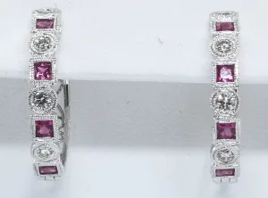 14K White Gold Diamond & Ruby Hoop Earrings