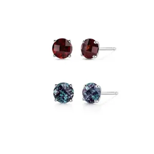 14k White Gold Plated 1/2Ct Created Garnet and Alexandrite 2 Pair Round Stud Earrings