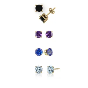 14k Yellow Gold Plated 1Ct Created Black Sapphire, Amethyst, Tanzanite and Aquamarine 4 Pair Round Stud Earrings Plated