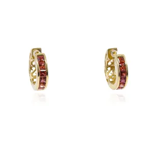 14K YELLOW GOLD RUBY HUGGIE HOOP EARRINGS