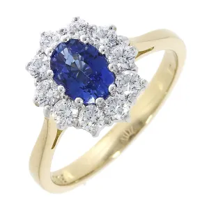 18ct yellow gold oval sapphire and round brilliant cut diamond claw set ring