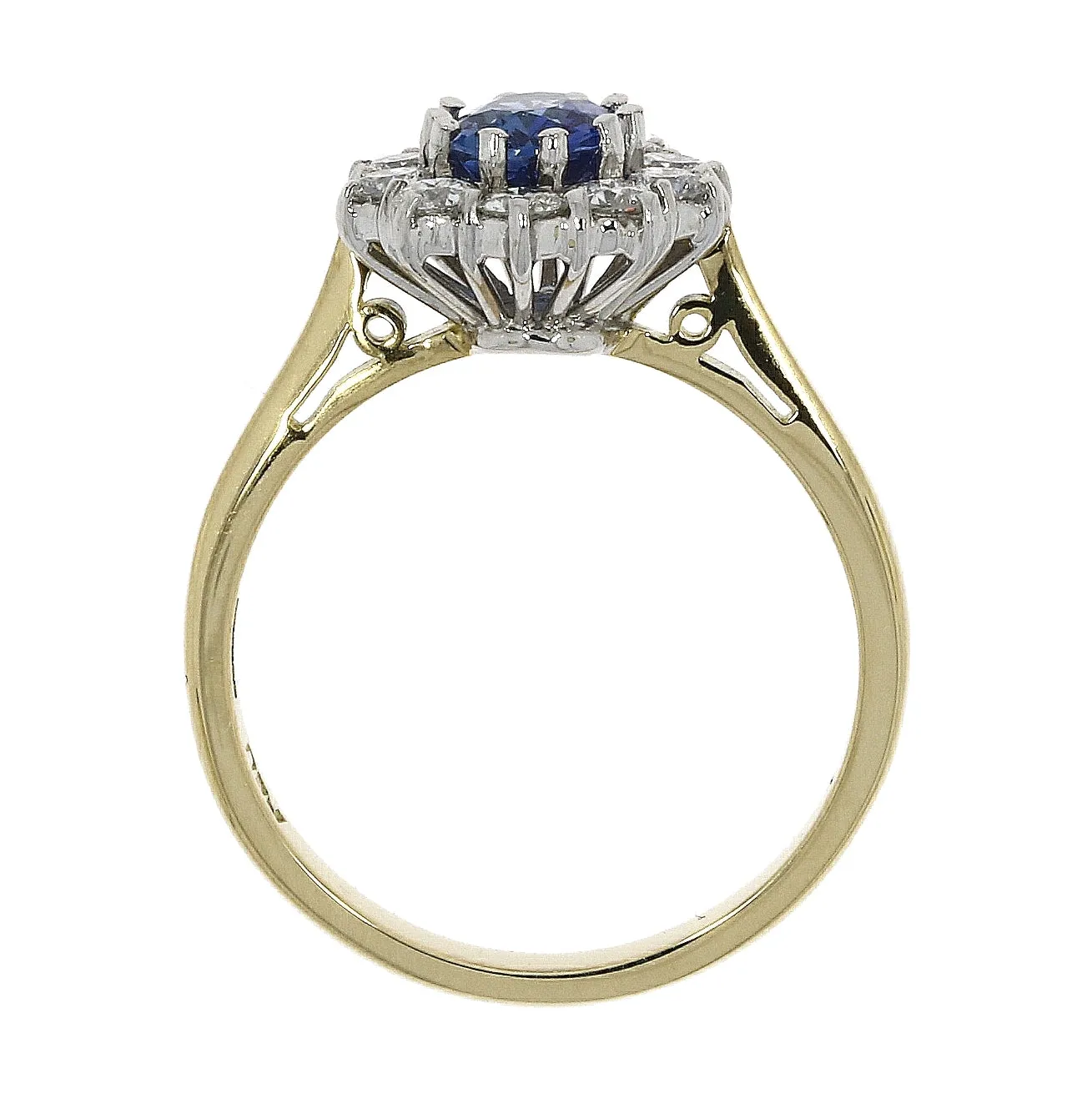 18ct yellow gold oval sapphire and round brilliant cut diamond claw set ring