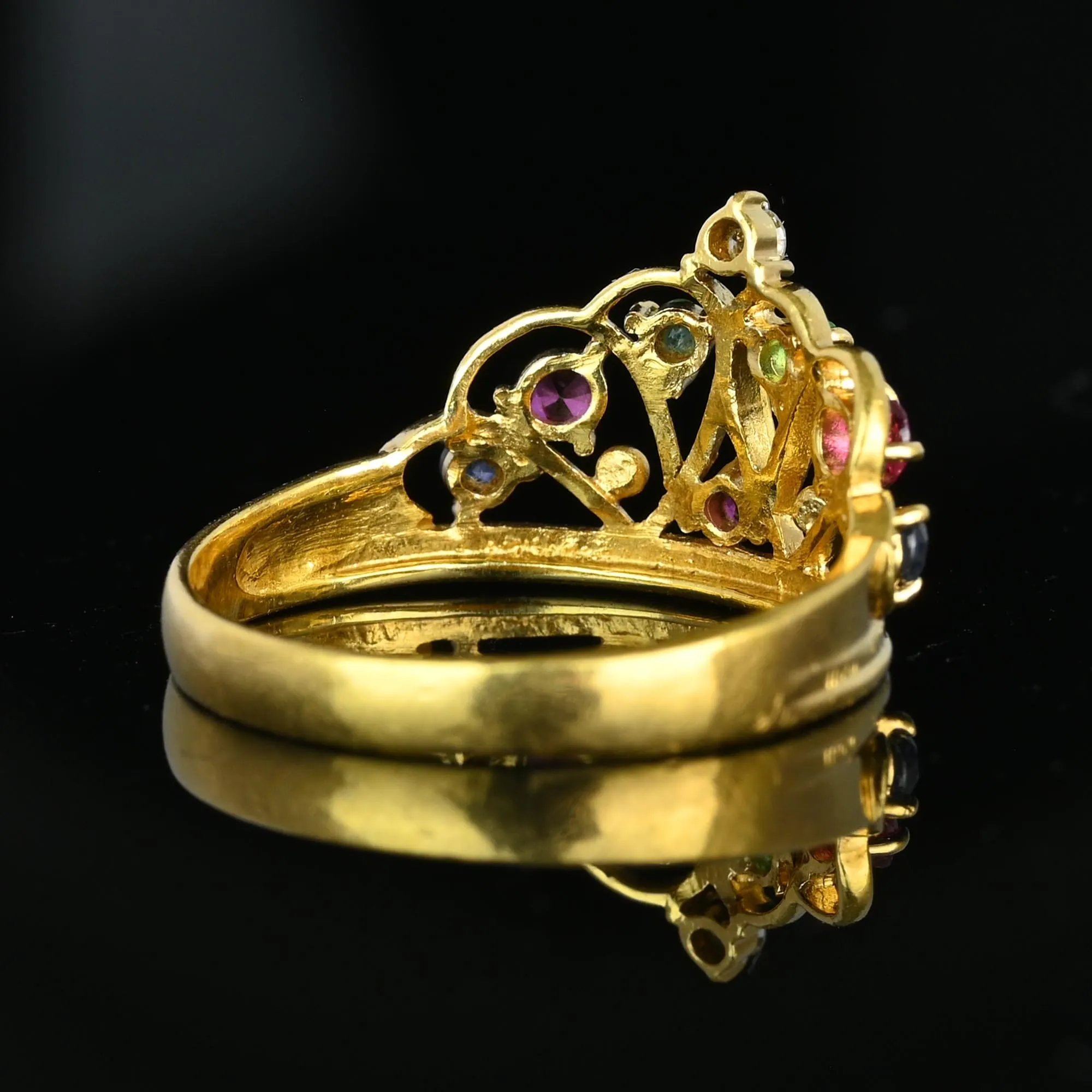 18K Gold Double Heart Ruby Diamond Sapphire Emerald Crown Ring