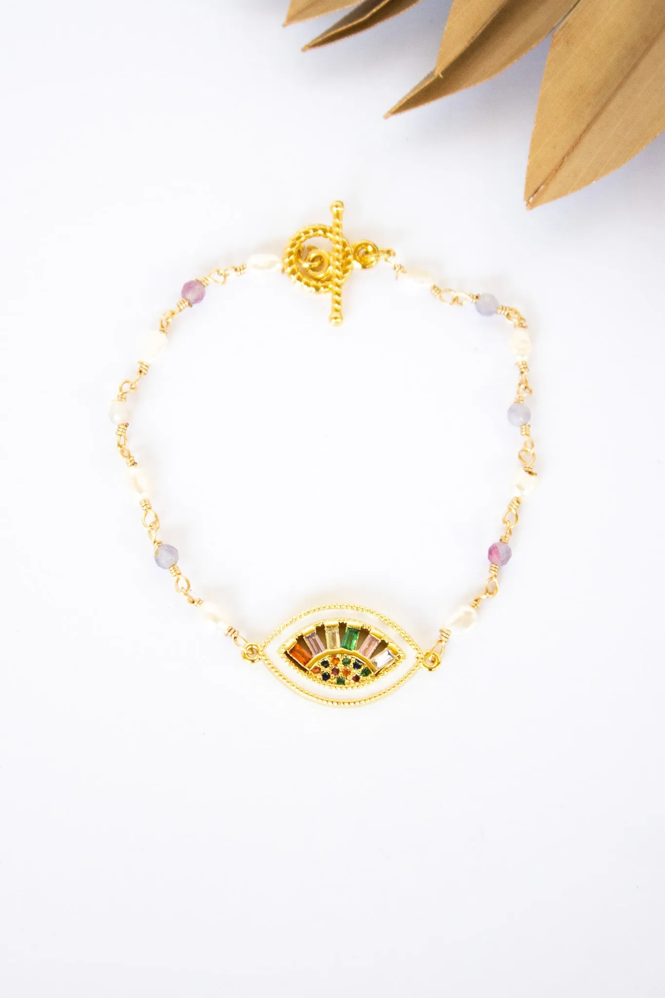 18K Toggle Rainbow Evil Eye Pearl Bracelet