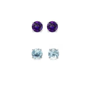 18k White Gold Plated 3Ct Created Amethyst and Aquamarine 2 Pair Round Stud Earrings