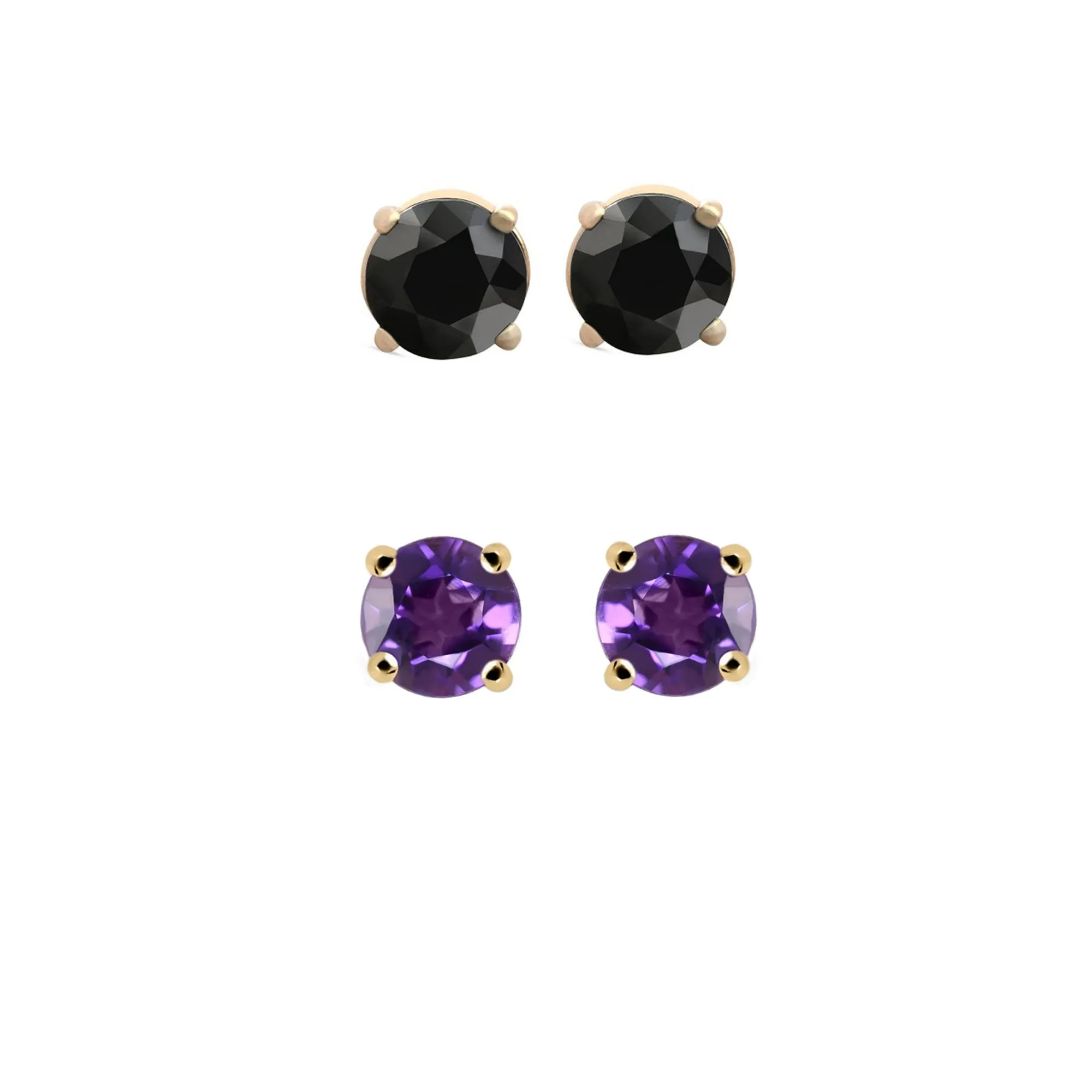 18k Yellow Gold Plated 4Ct Created Black Sapphire and Amethyst 2 Pair Round Stud Earrings