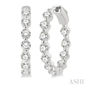 2 ctw Interior and Exterior Single Prong Set Round Cut Diamond Fashion Hoop Earring in 14K White Gold