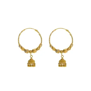 22K Multi Tone Gold Hoop Earrings W/ Cubed Gold Beads & Jhumki Drops