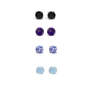 24k White Gold Plated 1Ct Created Black Sapphire, Amethyst, Tanzanite and Aquamarine 4 Pair Round Stud Earrings