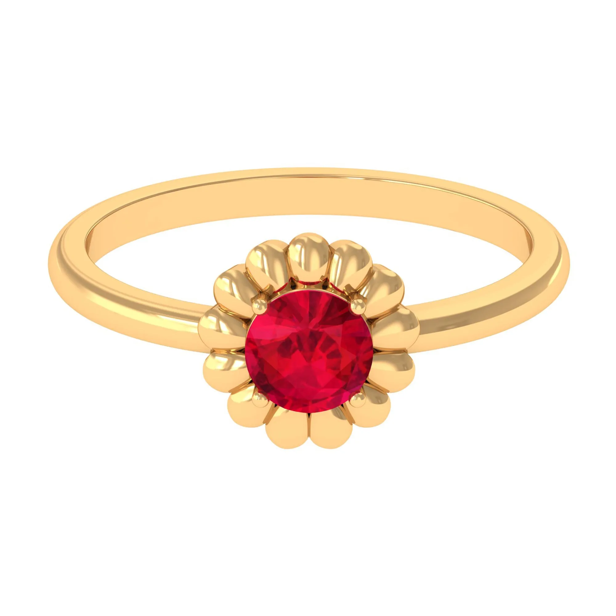 5 MM Round Lab Created Ruby Solitaire Gold Flower Ring