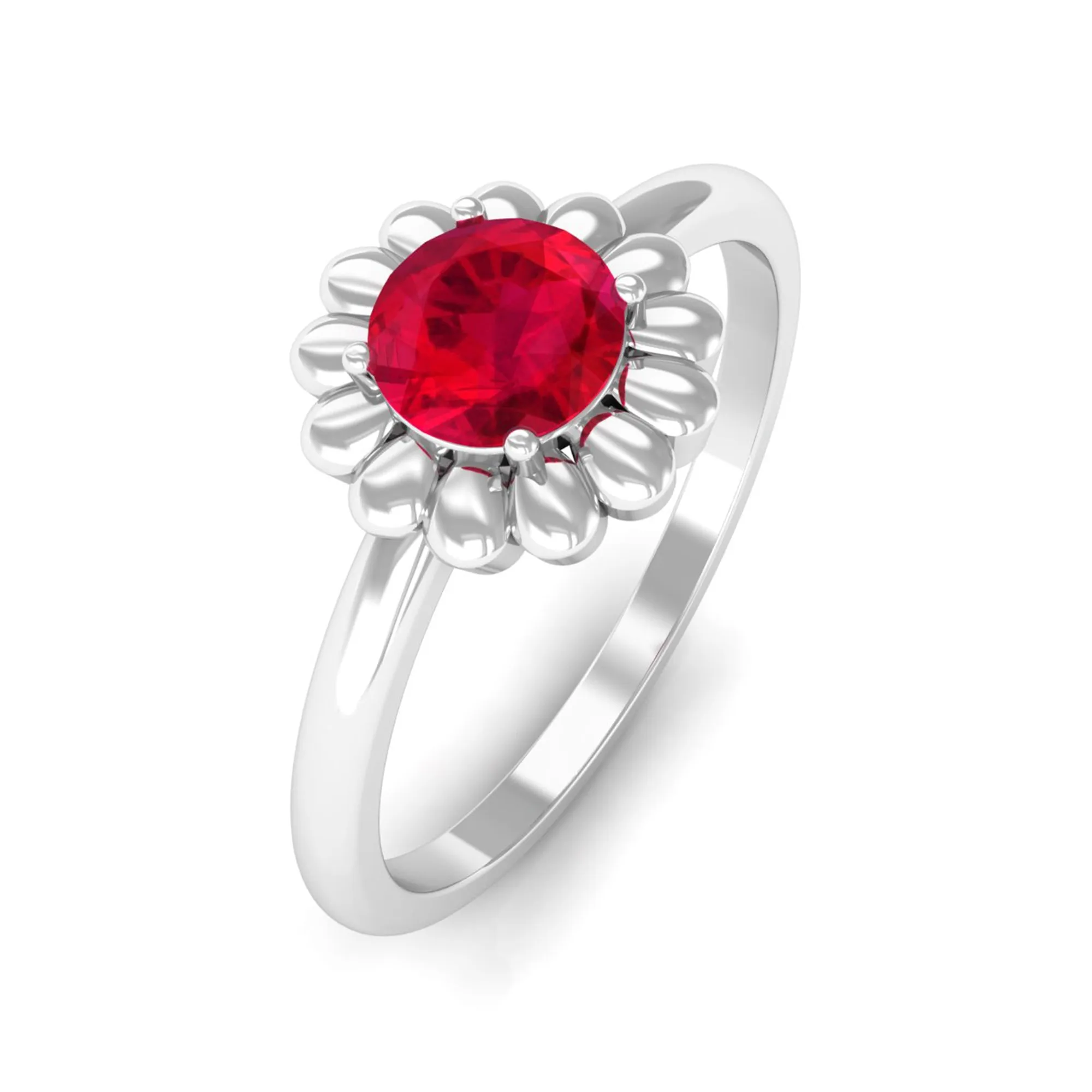 5 MM Round Lab Created Ruby Solitaire Gold Flower Ring