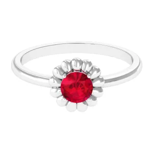 5 MM Round Lab Created Ruby Solitaire Gold Flower Ring