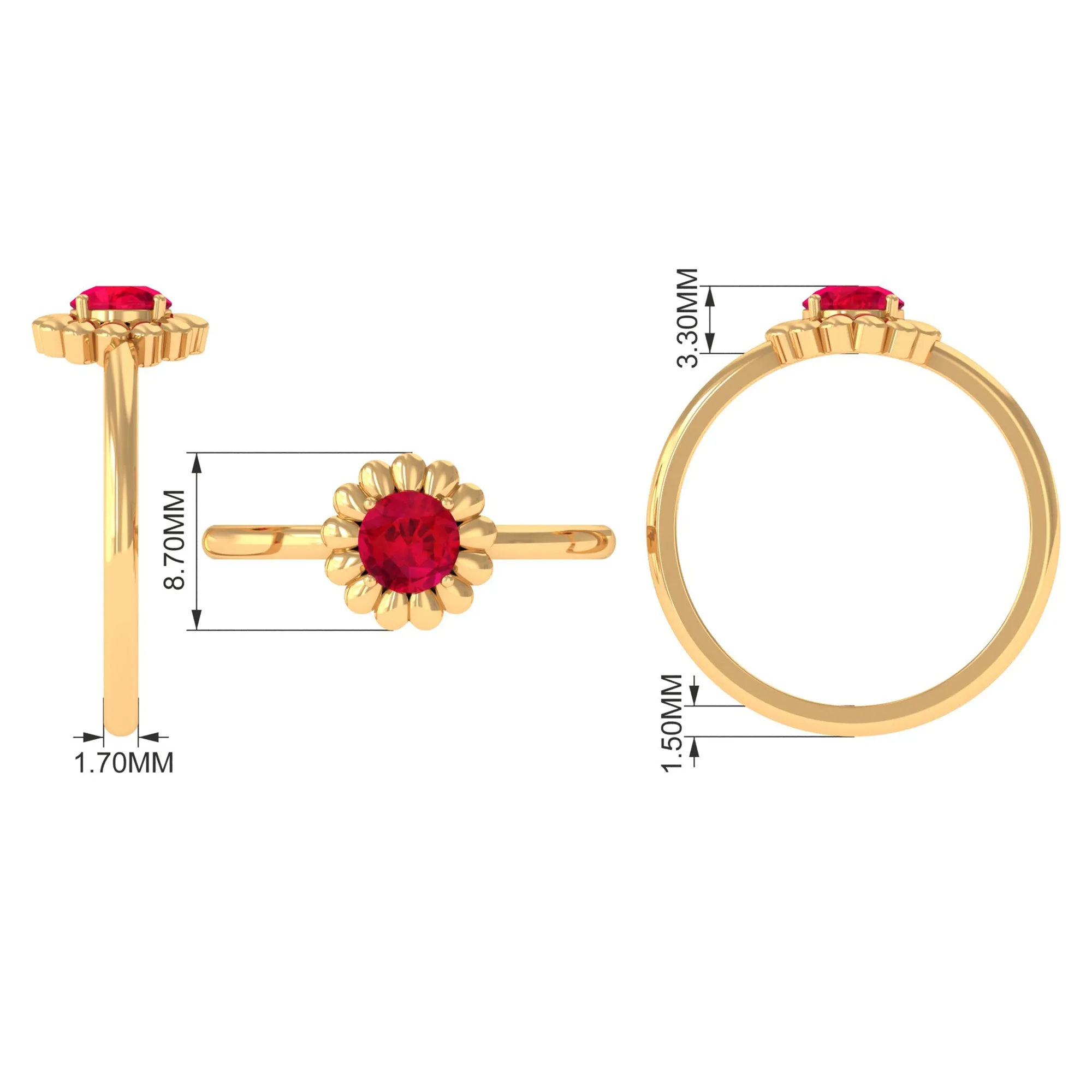 5 MM Round Lab Created Ruby Solitaire Gold Flower Ring