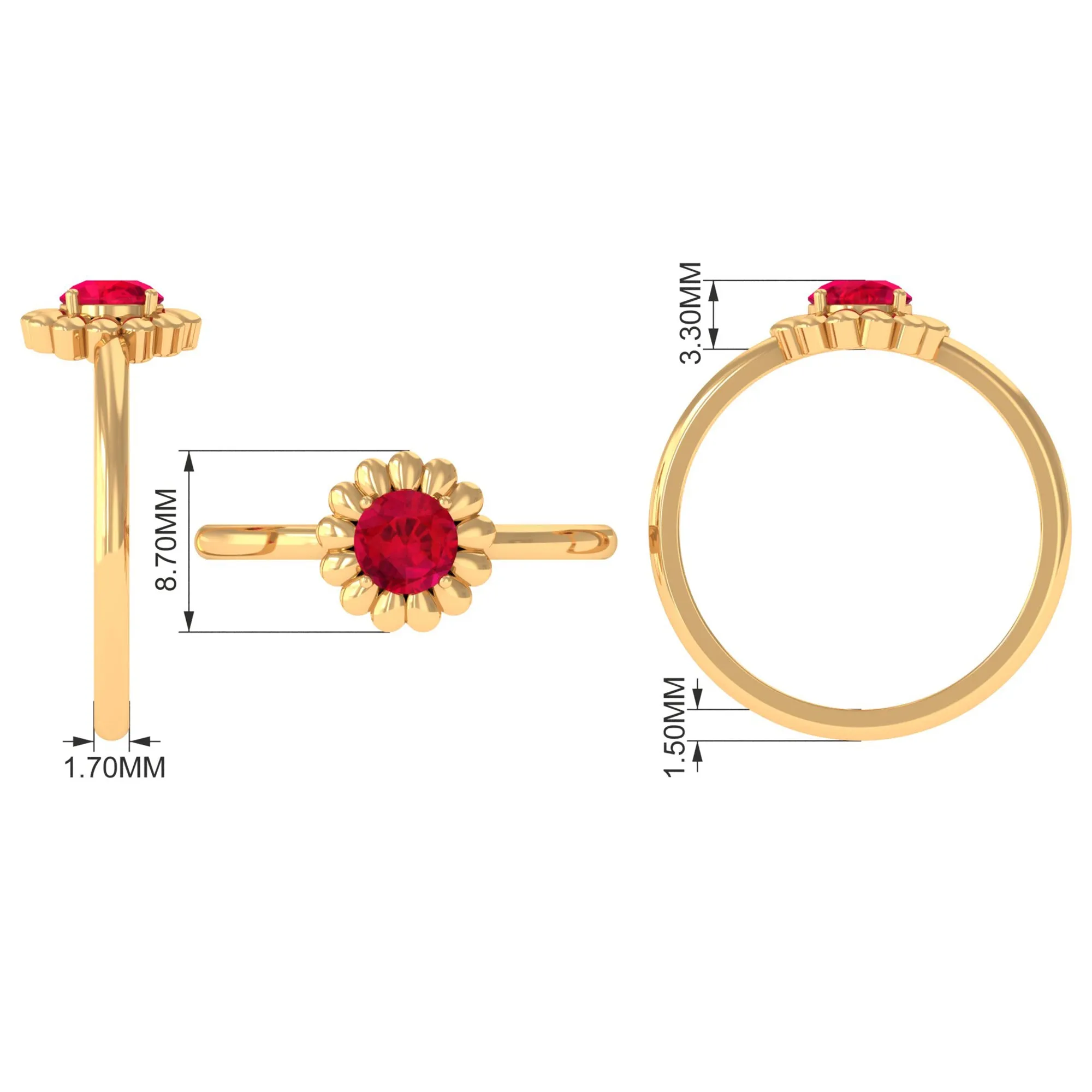 5 MM Round Lab Created Ruby Solitaire Gold Flower Ring