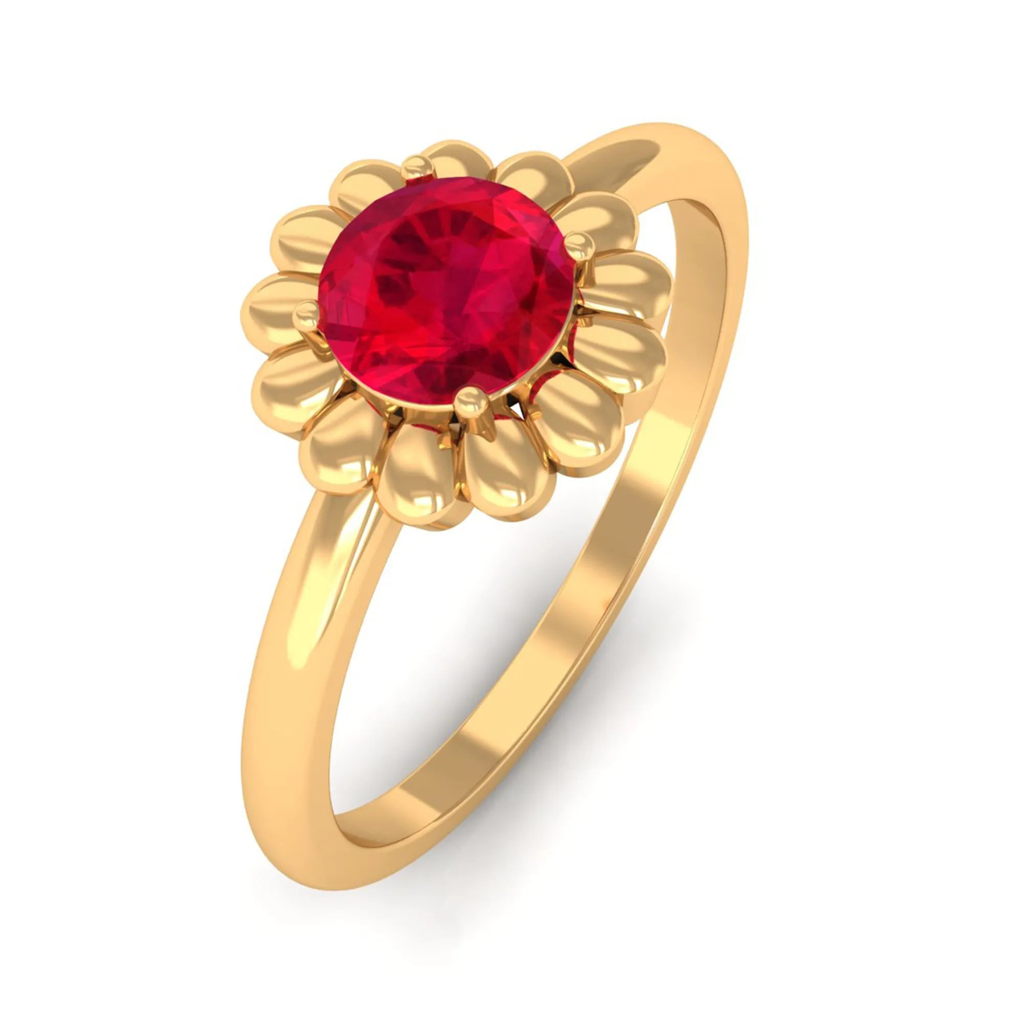 5 MM Round Lab Created Ruby Solitaire Gold Flower Ring