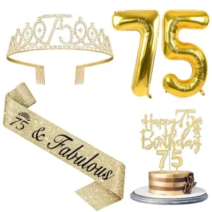 75th Birthday Decorations Women with 75th Birthday Sash and Tiara, Happy 75th Birthday Cake Toppers, Number 75 Candles, Gold 75 Birthday Balloons,75th Birthday Party Gifts for Women (Gold)