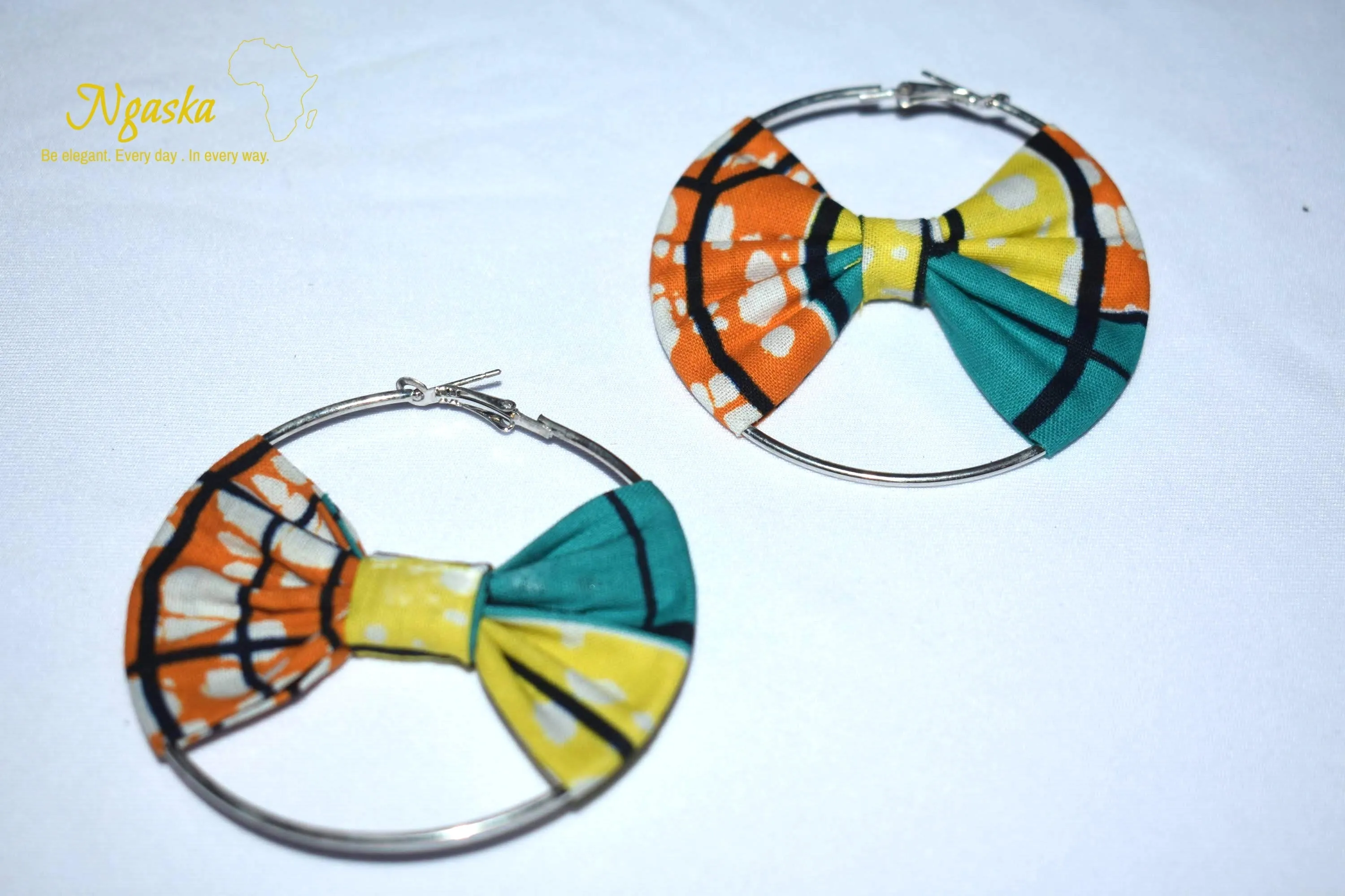 African Print Creole Hoop Earrings, Orange, Yellow, Green - ER23