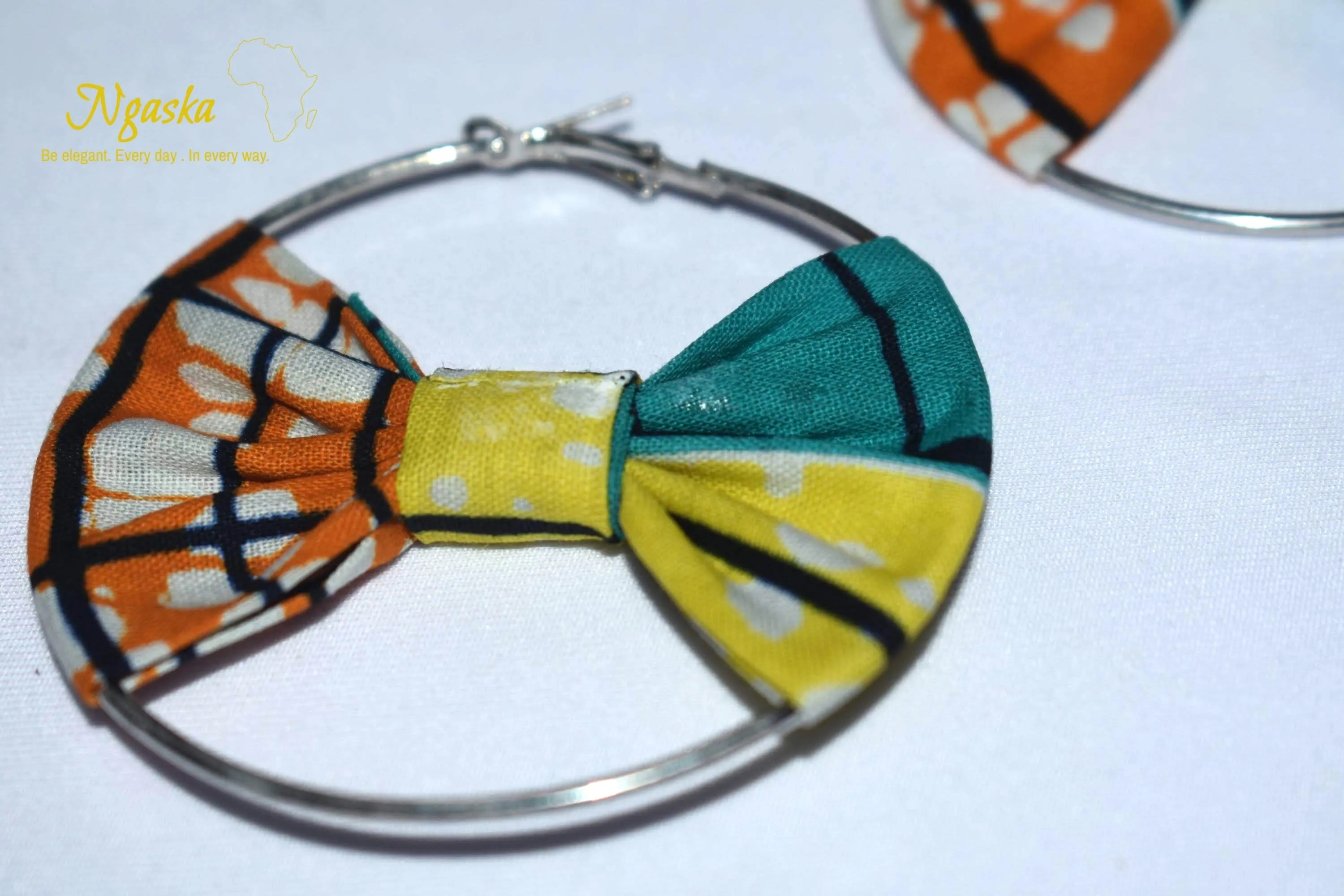 African Print Creole Hoop Earrings, Orange, Yellow, Green - ER23