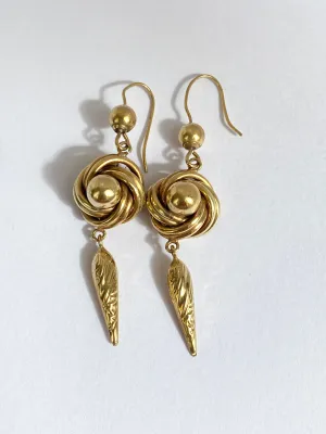 Antique 9ct Gold, Lovers Knot Hanging Torpedo Earrings