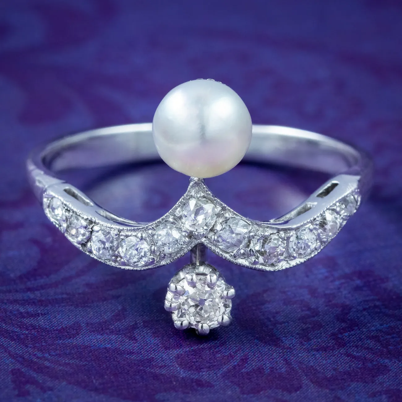 Antique Edwardian Diamond Pearl Toi Et Moi Tiara Ring 0.50ct Total