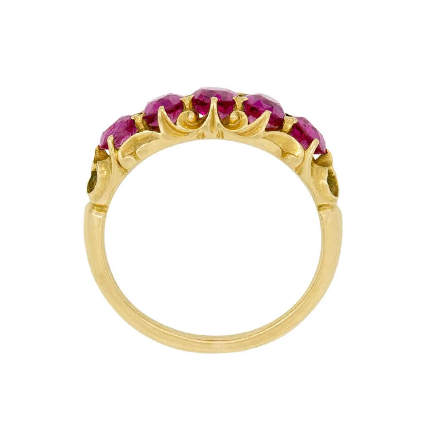 Art Nouveau 18k No Heat Burmese Ruby Five Stone Ring