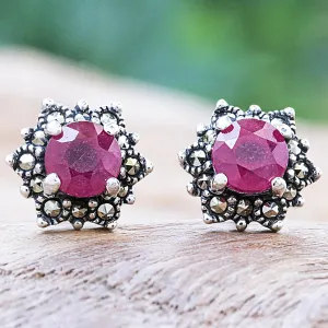 Artisan Crafted Ruby and Marcasite Stud Earrings - Firefly in Pink | NOVICA