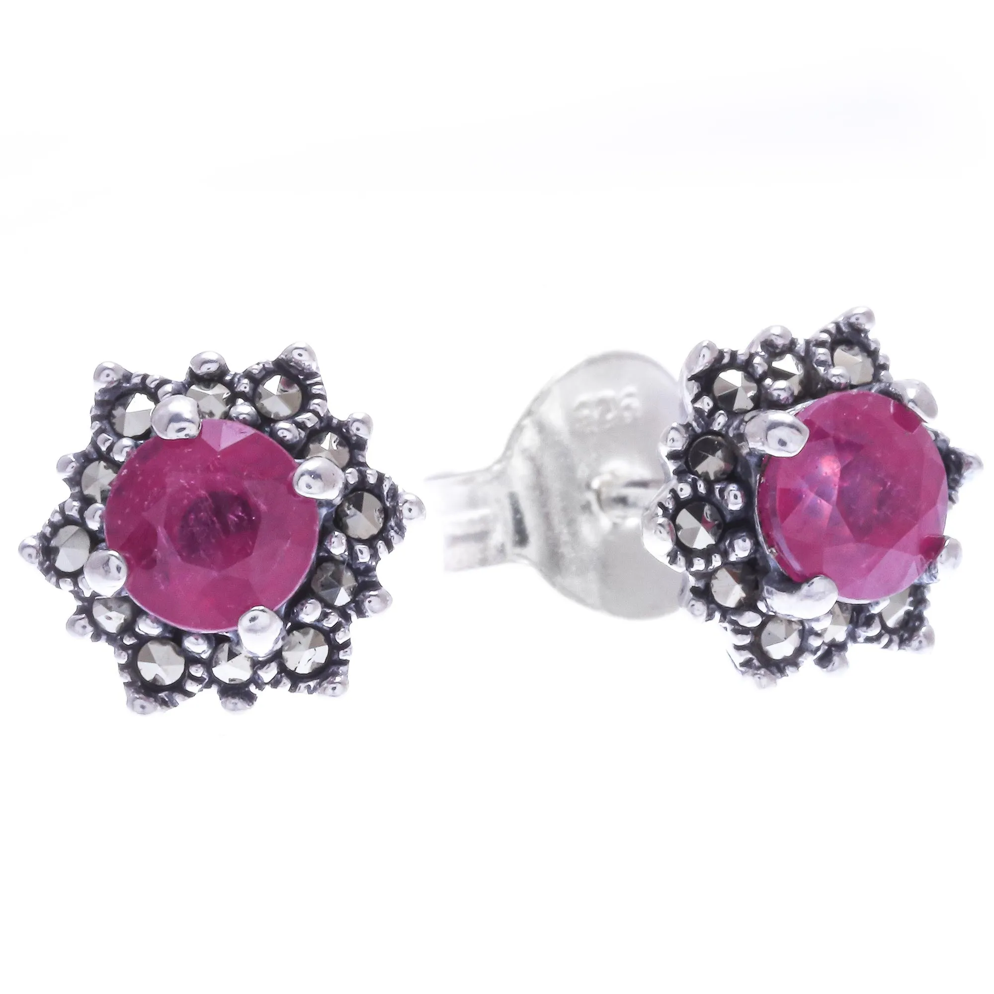 Artisan Crafted Ruby and Marcasite Stud Earrings - Firefly in Pink | NOVICA