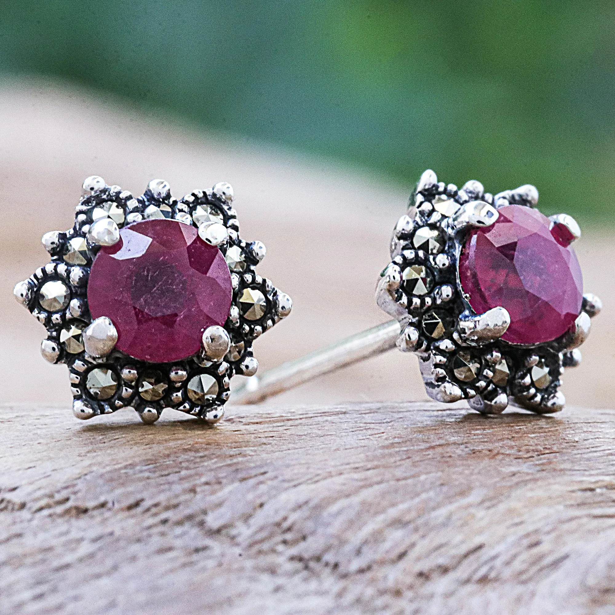 Artisan Crafted Ruby and Marcasite Stud Earrings - Firefly in Pink | NOVICA