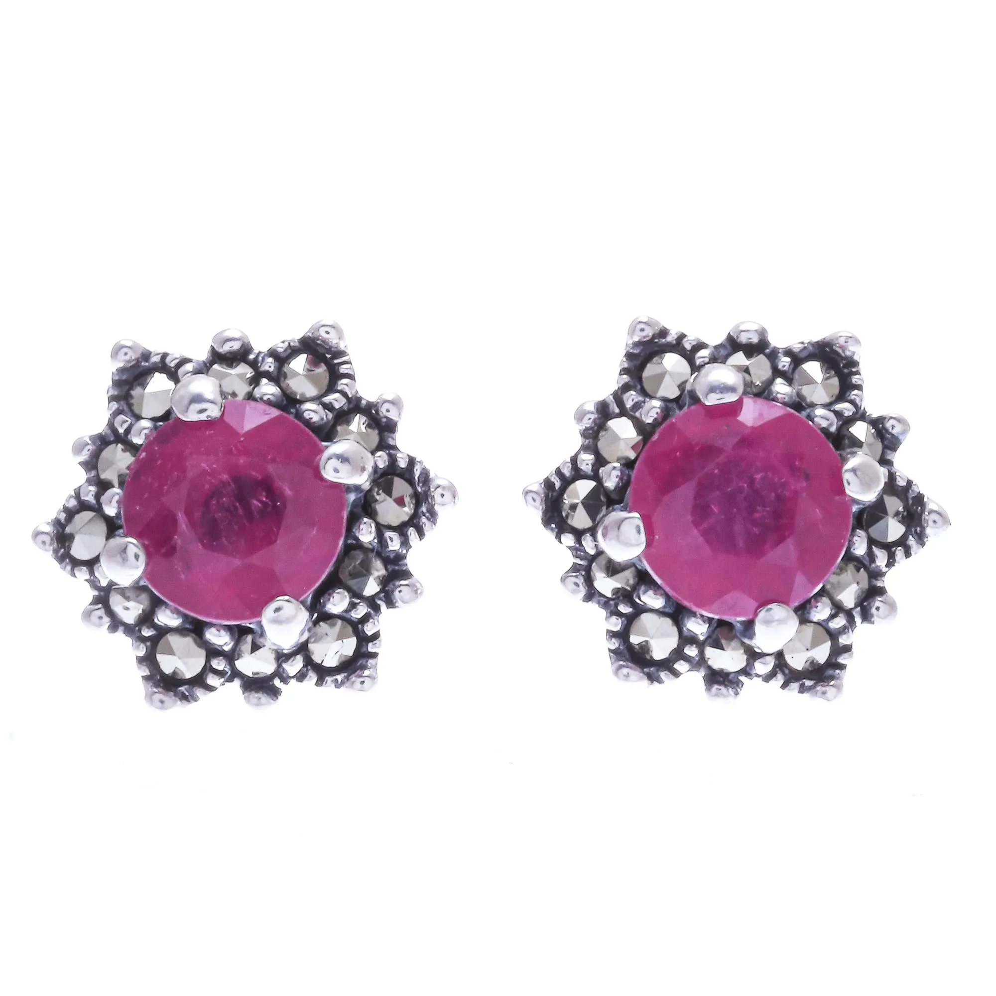 Artisan Crafted Ruby and Marcasite Stud Earrings - Firefly in Pink | NOVICA