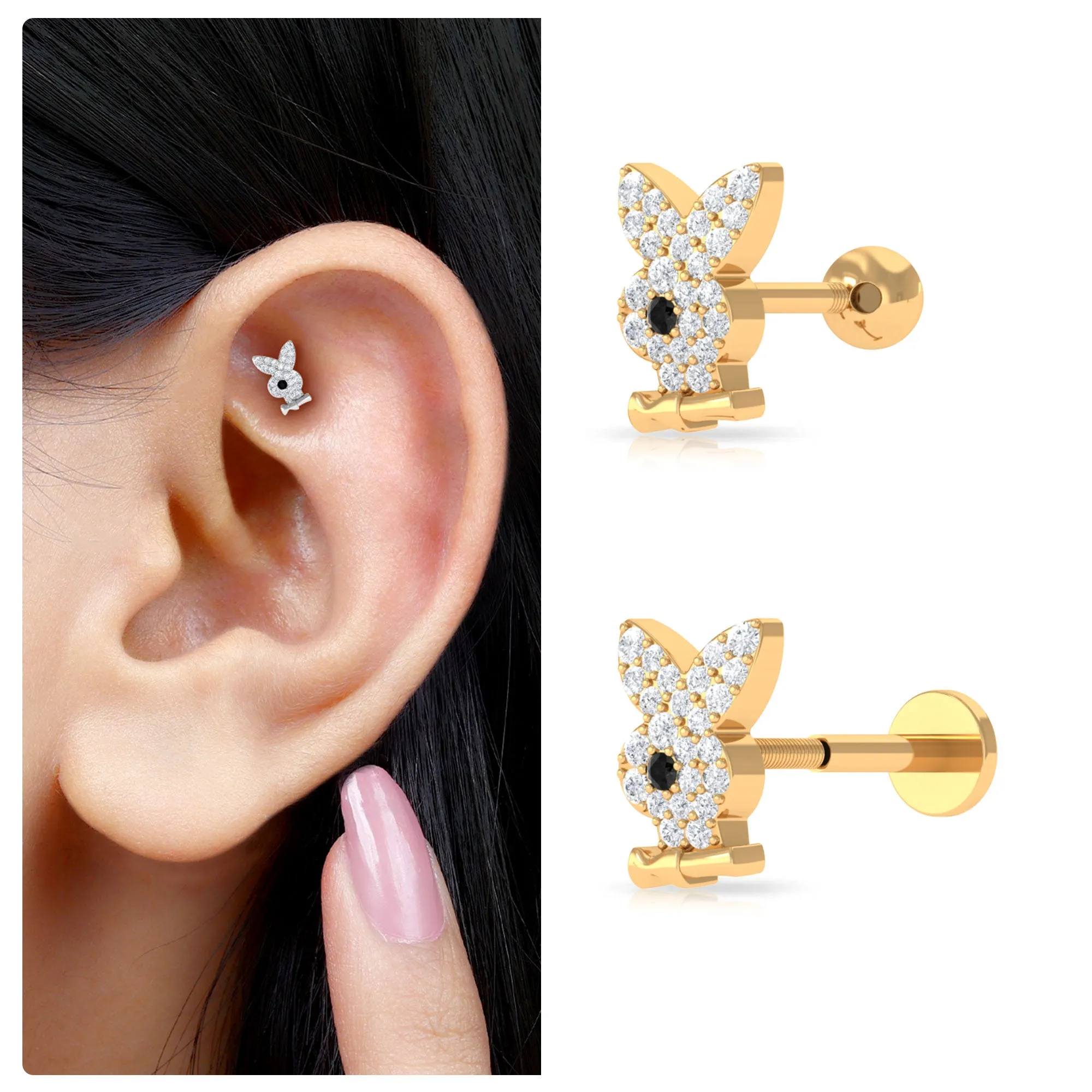 Black Diamond and Moissanite Cute Bunny Helix Earring