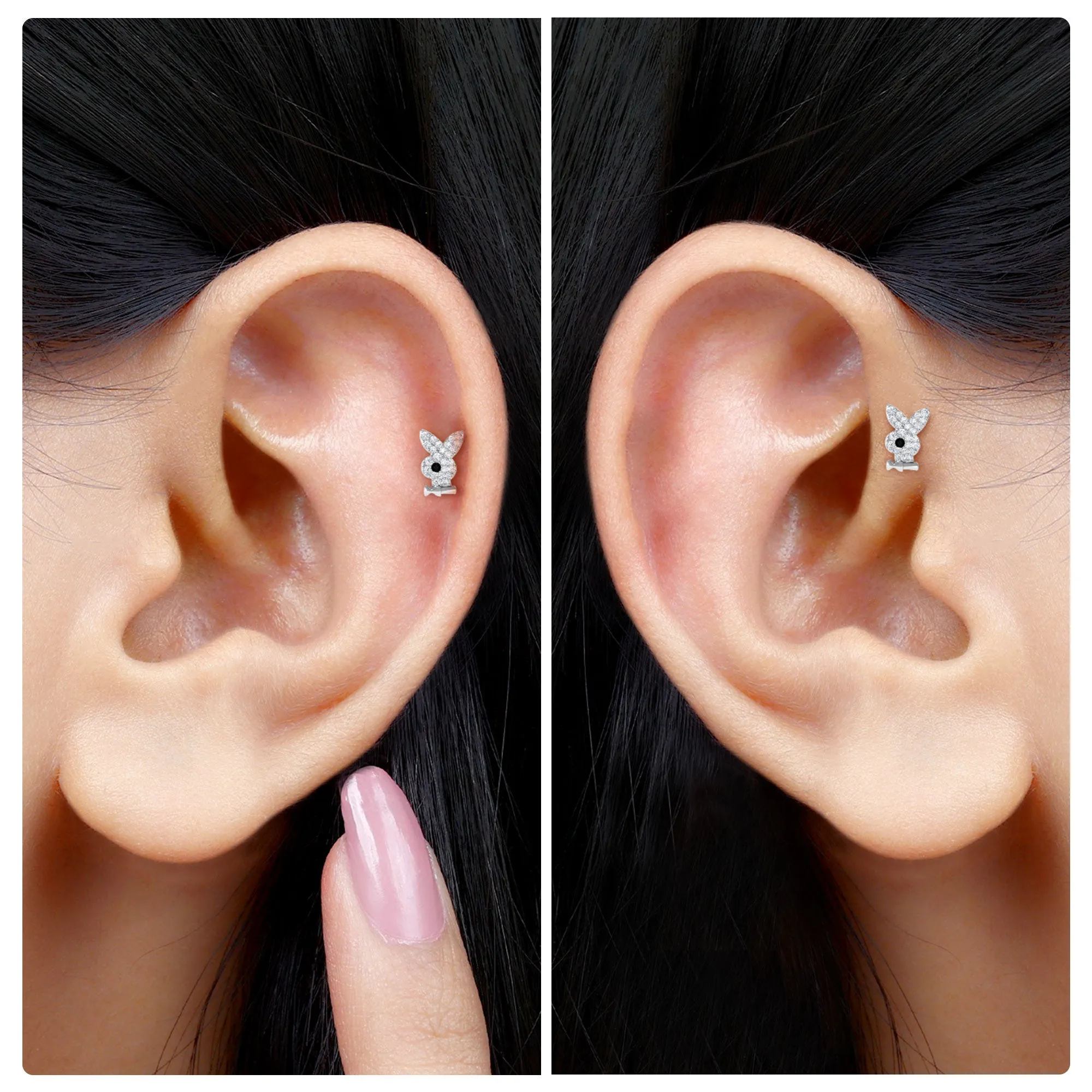 Black Diamond and Moissanite Cute Bunny Helix Earring