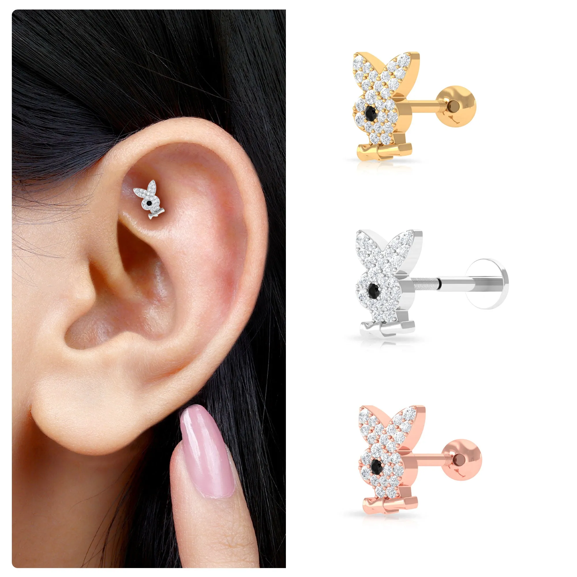 Black Diamond and Moissanite Cute Bunny Helix Earring