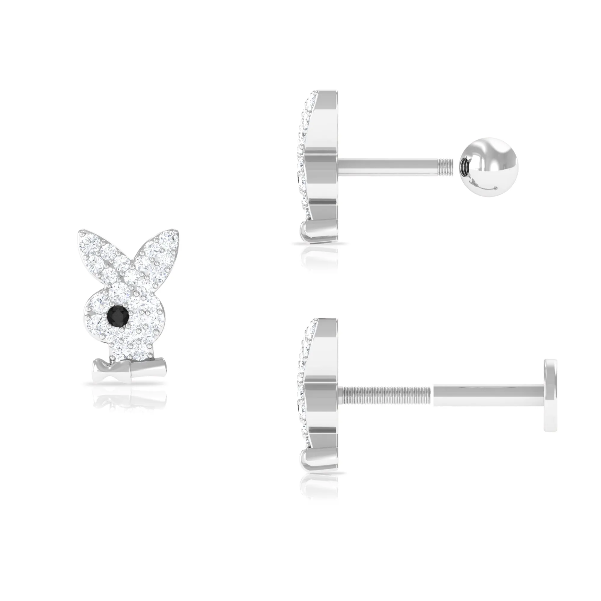 Black Diamond and Moissanite Cute Bunny Helix Earring