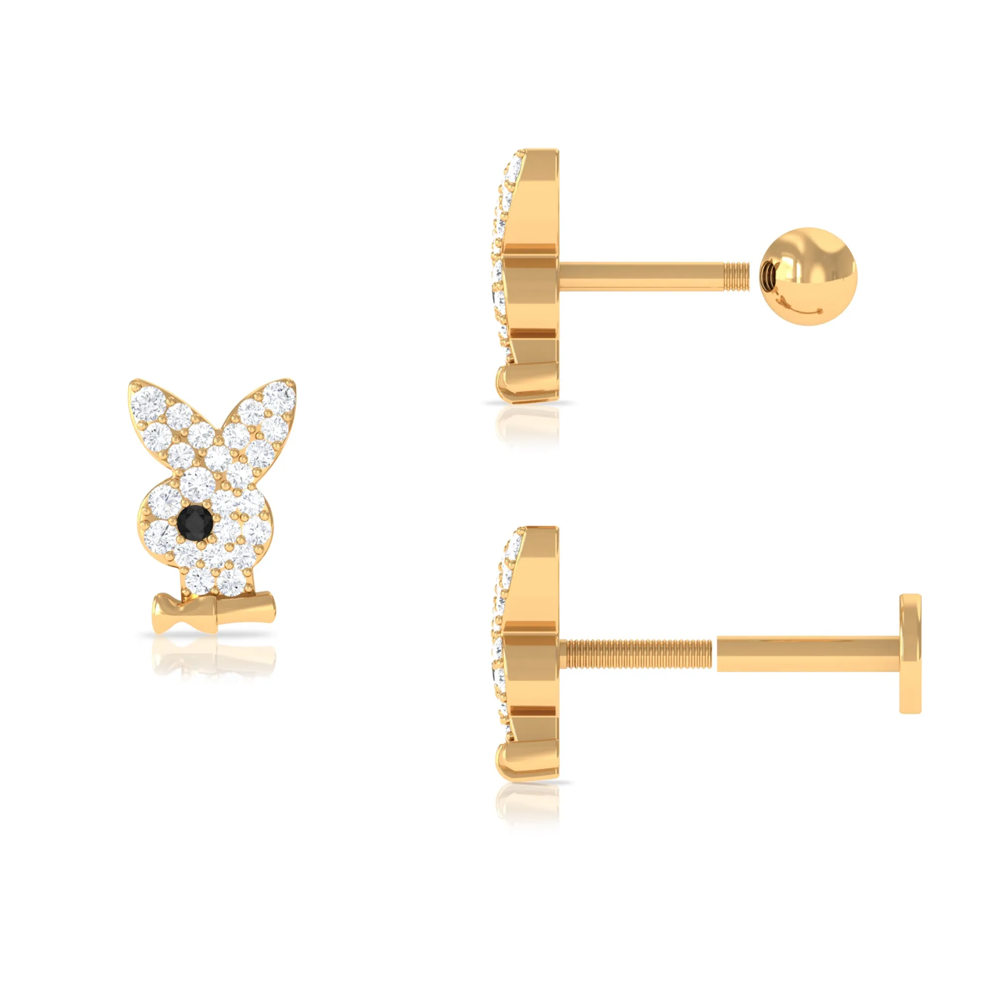 Black Diamond and Moissanite Cute Bunny Helix Earring