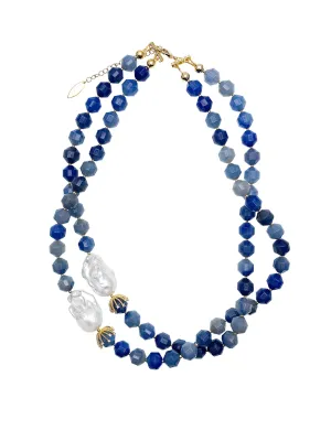 Blue Aventurine With Baroque Pearls Double Strands Necklace HN007