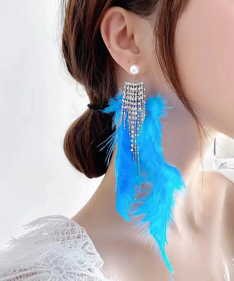 Boutique Blue Sterling Silver Crystal Zircon Feather Tassel Drop Earrings LY9009