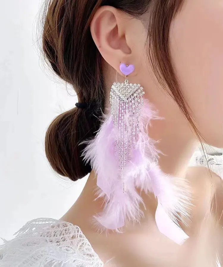 Boutique Blue Sterling Silver Crystal Zircon Feather Tassel Drop Earrings LY9009