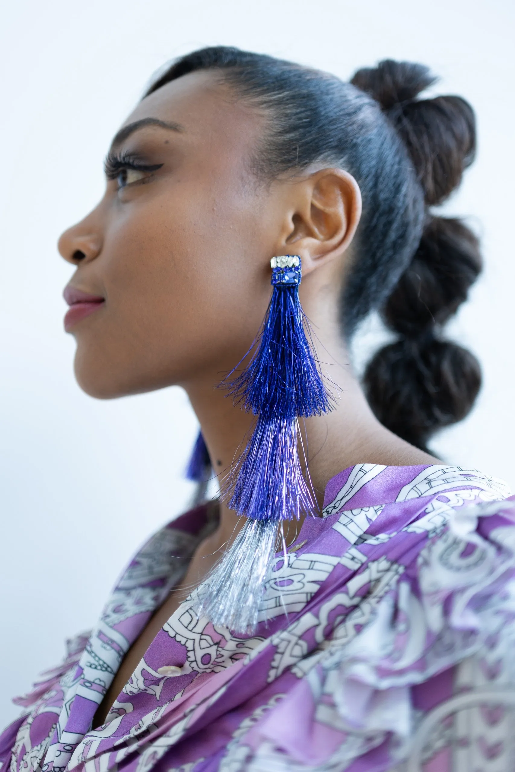 Cascade Tassel Statement Earrings in Blue, Purple and Silver