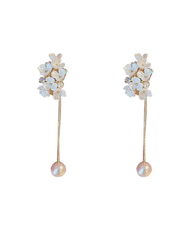 Classy White Overgild Zircon Pearl Floral Tassle Drop Earrings TW1012