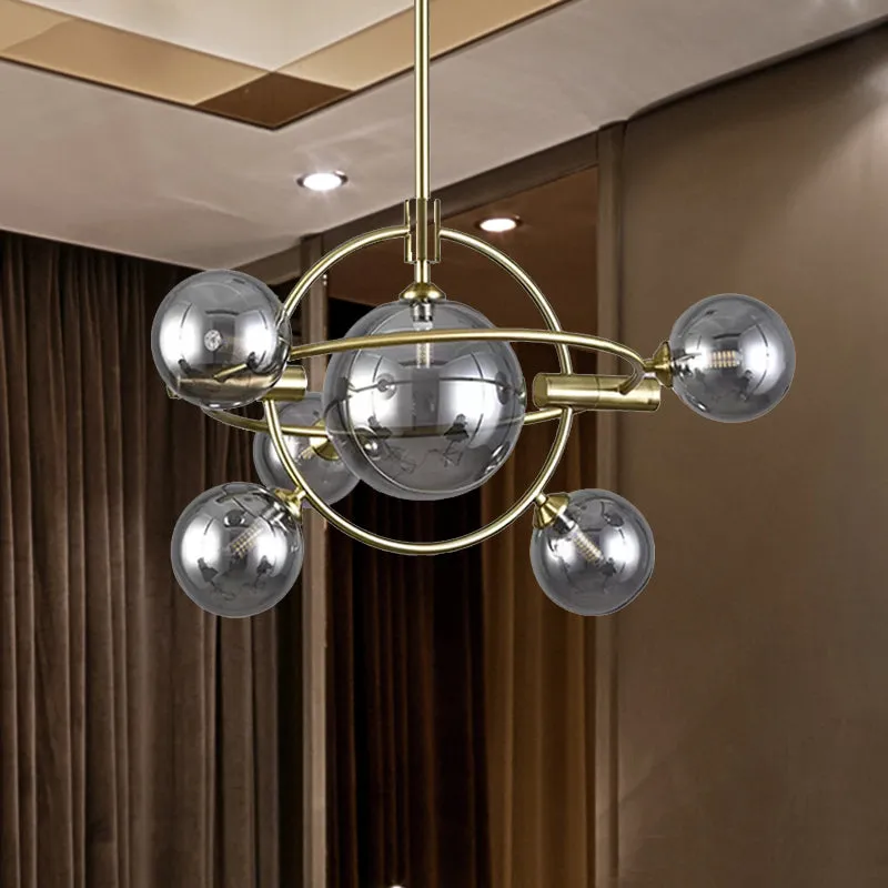 Contemporary Gold Pendant Light with Amber/Clear/Smoke Glass Sphere Shade - Perfect for Living Room