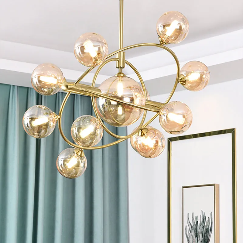 Contemporary Gold Pendant Light with Amber/Clear/Smoke Glass Sphere Shade - Perfect for Living Room